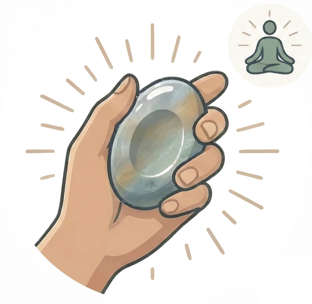 Hand holding amethyst worry stone in palm using grounding technique